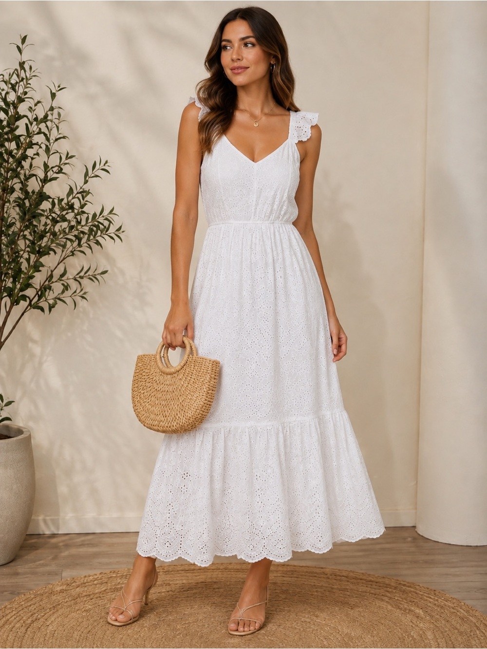 Sincerely Jules White Eyelet Maxi Dress with Ruffle Straps | Sleeveless Boho